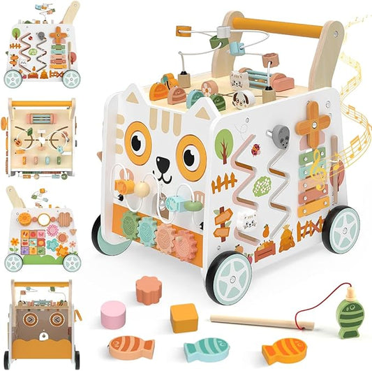 Weilim Wooden Baby Push Walker with Activity Center, Montessori Toy 12M+ | 16-in-1 Bead Maze Shape Sorter Xylophone, Height Adjustable, Non-Slip Wheels, BPA-Free Wood, Toddler Gift for Boys Girls