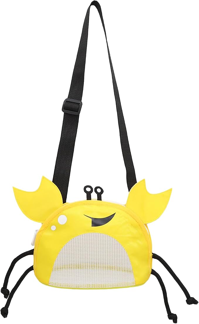 Kids Mesh Beach Bag, Cute Crab-Shaped Seashell Collecting Bag with Adjustable Strap for Holding Shell Beach Toy