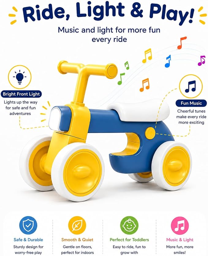 Henry & Colin First Balance Bike for 1 Year Old, 4 Wheel Toddler Bike with Fun Lights & Music, Soft Seat, No-Pedal Ride On Toy, 1st Birthday Gift for Boys & Girls Ages (12–36 Months)