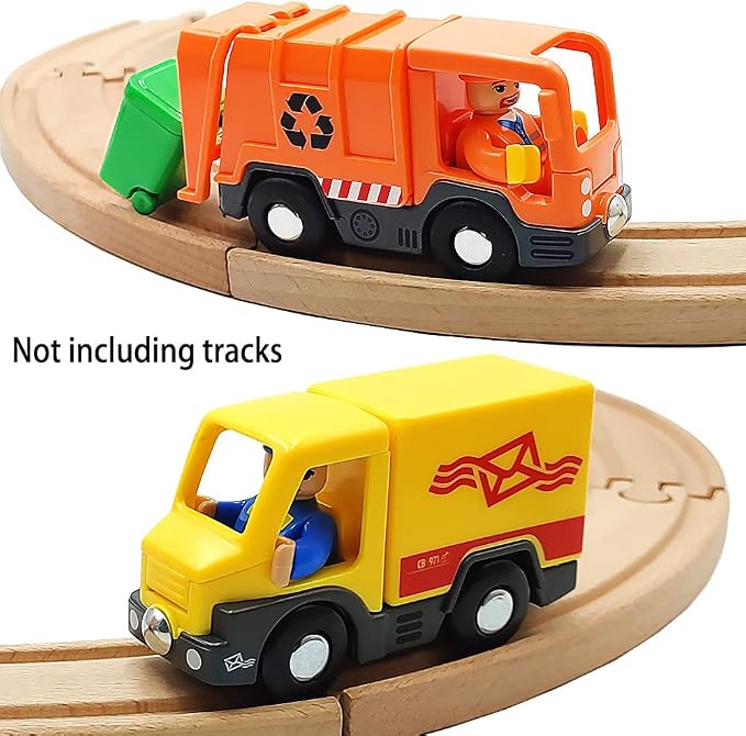 DSHMIXIA Garbage Mail Truck Small Toys Cars for 3 5 Year Old Boys Magnetic Couplings City Vehicle for Wood Train Set for Children Inside Outside Toys (City Set)