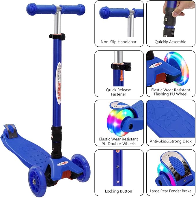 ChromeWheels Foldable Scooters for Kids, Deluxe Kick Scooter 4 Adjustable Height 132lbs Weight Limit 3 Wheel, Lean to Steer LED Light Up Wheels, Best Gifts for Girls Boys Age 3-12 Year Old