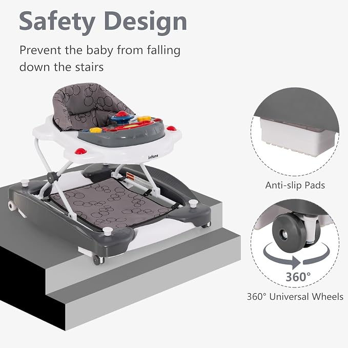 INFANS Baby Walker, 5 in 1 Behind Walker Learning Seated Rocker Bouncer with Removable Music Tray, Adjustable Height, Washable Seat Cushion, Foldable Activity Center for Toddlers (Grey)