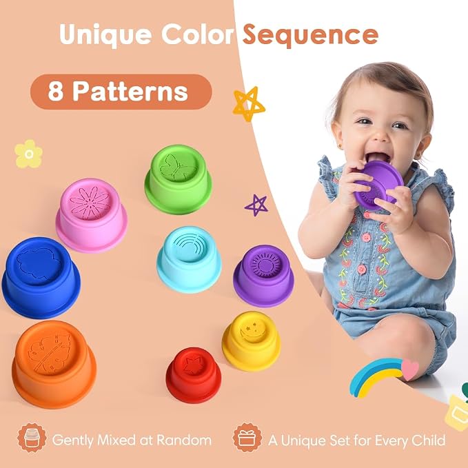 ZYFLSQ Stacking Cups Baby Toy 8 Pcs, Nesting Cups for Babies 6 Months+, Bath Toys with Pattern for Kids, Montessori Educational Toys for Toddler