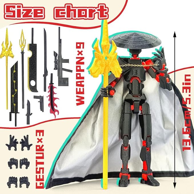 T13 Assembly Completed Action Figures,T-13 Action Figure, Robo 13 3D Printed Action Figure - The Ultimate Hero for Action-Packed Playtime,5.2 Inch, Black Red