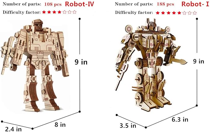 3D Wooden Robot Puzzle,4 Piece Set Wood Crafts DIY Assembly Puzzle,Wooden Robot Model Kits,3D Wood STEM for Adults & Teens Christmas Birthday Gifts,Room Décor