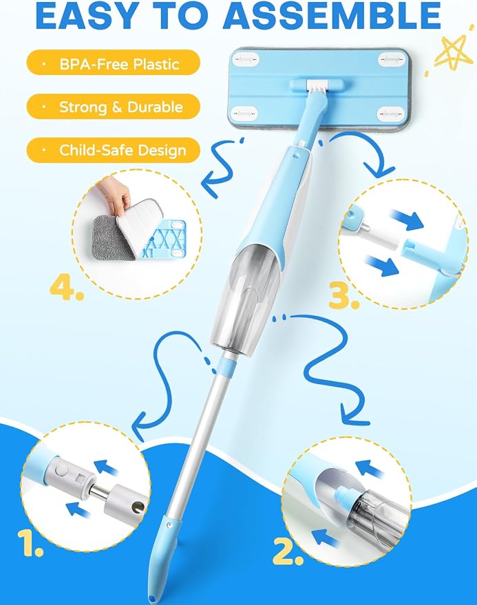 Kids Cleaning Toy Set,Blue Spray Mop Montessori Toys-Kids Cleaning Toy Set,Mini Spray Mop Montessori Toys Spray Mop & Kids Broom Dustpan Set Cleaning Toys Gift for Toddlers Girls Boys Age 3+