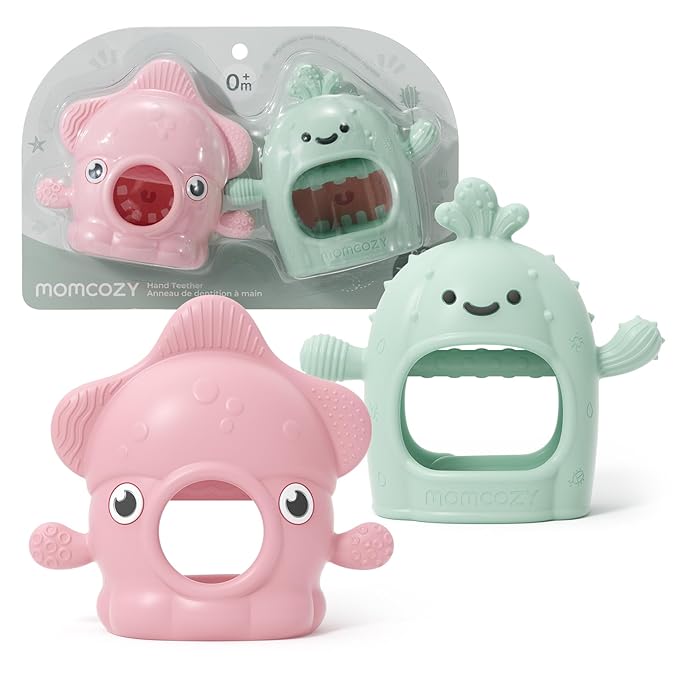 Momcozy 2 Pack Baby Teething Toys, Food Grade Silicone Baby Teether for 0-6 6-12 Months, Anti-Drop Wrist Mitten Set, Baby Essentials Teething Relief, 200°C Sterilizer Safe， Pink & Mint Green