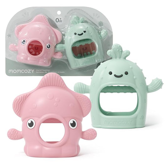 Momcozy 2 Pack Baby Teething Toys, Food Grade Silicone Baby Teether for 0-6 6-12 Months, Anti-Drop Wrist Mitten Set, Baby Essentials Teething Relief, 200°C Sterilizer Safe， Pink & Mint Green