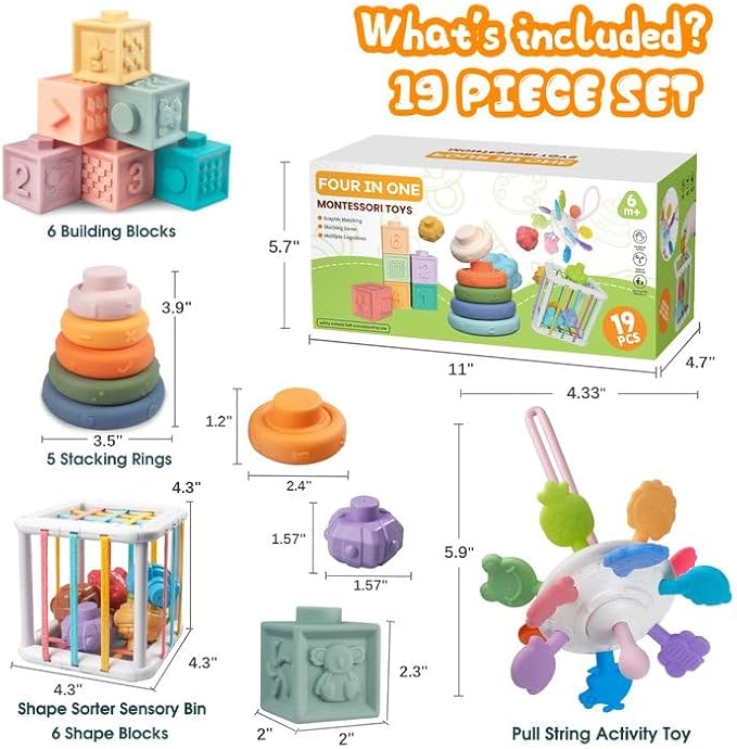 Plunack 4-in-1 Baby Toys for 6-12 Months - Montessori Soft Stacking Blocks for Babies 9 Months+, Infants Teething Toys, Sensory Balls and Educational Learning Set for Toddlers (Boys & Girls)