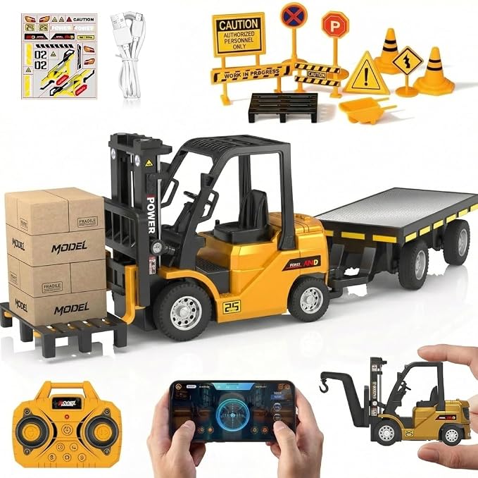 RC Mini Liftable Forklift Toy, 1:64 Construction Fork Truck, Movable Forks - Scale Mini Remote Control Vehicle Model for Kids Adult Collection & Desk Decoration- Yellow