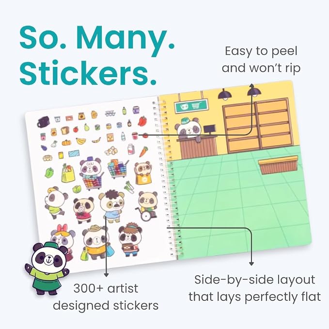 Panda 300+ Kids Sticker Book by Cupkin Toddler Airplane Travel Coloring and Sticker Book, Road Trip Essentials, 8 Coloring Pages 8 Side by Side Scenes for Ages 2–8 Years