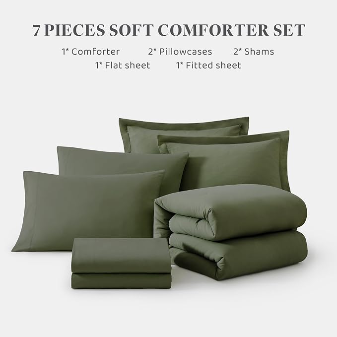 WRENSONGE Queen Comforter Set- 7 Pieces Soft Olive Green Bed in a Bag with Fitted Sheet, Flat Sheet, 2 Pillow Shams, and 2 Pillowcases- Warm Bedding Sets Queen for All Season