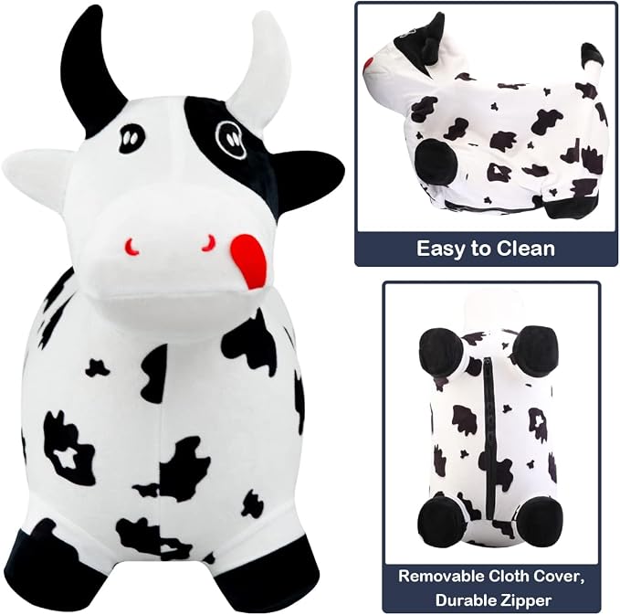 Bouncy Hopper Horse Cow Toys, Inflatable Bouncing Animal Hopping Toys, Outdoor Indoor Ride on Bouncer, Boys Girls Birthday Gift for 18 Month 2 3 4 5 6 Year Old Kid- Plush Cow Toy