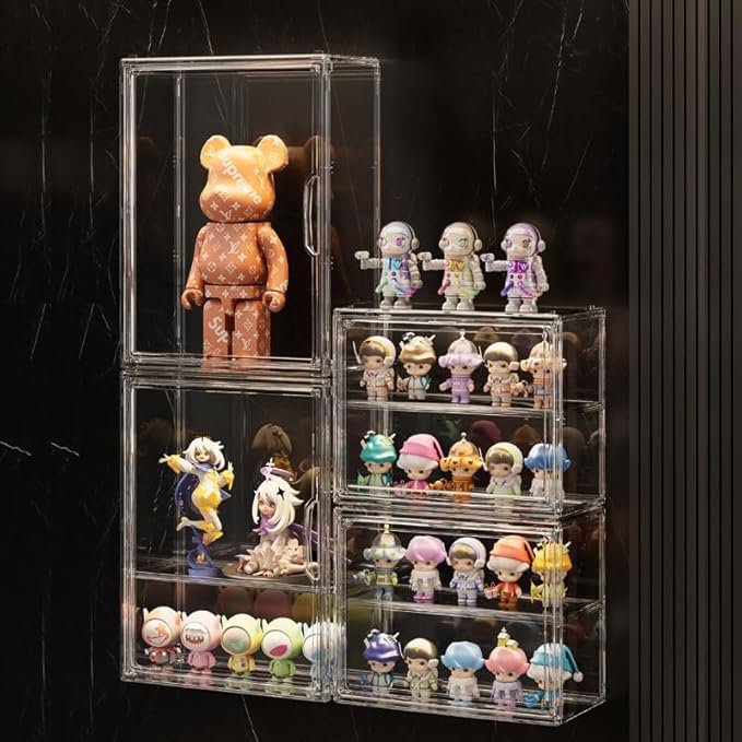 BOHOIDEE 3 Tiers Clear Display Case for Figures, Acrylic Storage Organizers Box with Magnetic Door, Wall-Mounted Dustproof Showcase for Collectibles Action Figure(4PACK Wall-Mounted Medium)