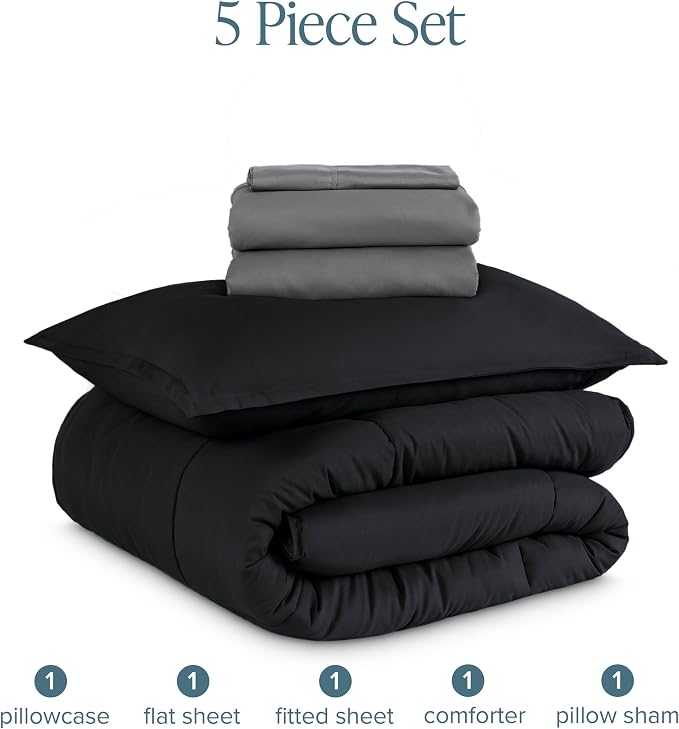 Bare Home Bed-in-A-Bag 5 Piece Comforter & Sheet Set - Twin XL - Goose Down Alternative - Ultra-Soft 1800 Premium Bedding Set (Twin XL, Black/Grey)