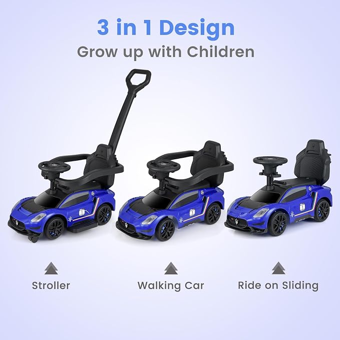 OLAKIDS Push Car for Toddlers, Licensed Maserati 3 in 1 Baby Ride on Sliding with Parent Control Handle, Universal Wheels Safe Guardrails Under Seat Storage, Kids Walking Toy with Music Horn (Navy)