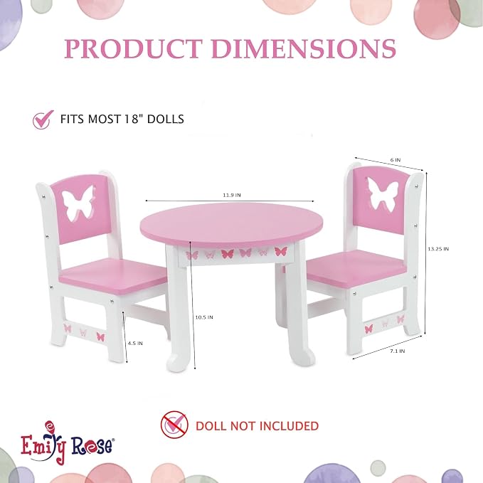 Emily Rose 18 Inch Doll Dining Table and 2 Chairs Set - Pink Butterfly Collection - Compatible with American Girl, Our Generation, My Life As & Adora Dolls - Wooden Dollhouse Furniture