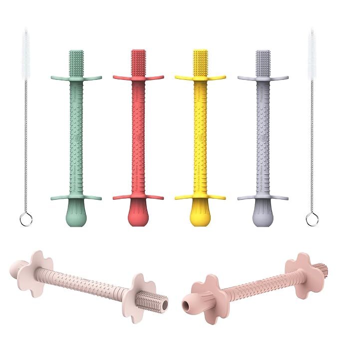 6pk Baby Teether Straws Silicone Teething Tube Stick Toy for 0-12M | Shielded Tube Teethers Sensory Toys, Soothing Infant Teething Straws, Hollow Textured Chew Sticks for Toddlers Relief