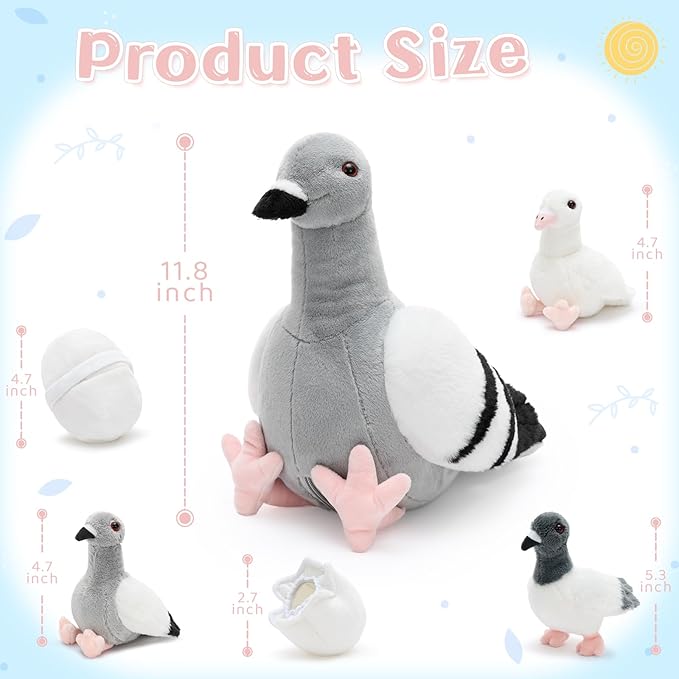 Tezituor 6-Piece Pigeon Stuffed Animal Set,Realistic Pigeon Plush Toy with 3 Baby Birds and Eggs,Soft Cuddly Dove Bird Plushie for Kids Girls Boys,Easter Valentine’s Day Christmas Birthday Gift, Grey