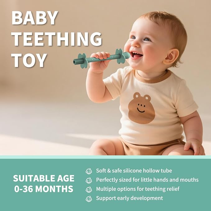 6pk Baby Teether Straws Silicone Teething Tube Stick Toy for 0-12M | Shielded Tube Teethers Sensory Toys, Soothing Infant Teething Straws, Hollow Textured Chew Sticks for Toddlers Relief