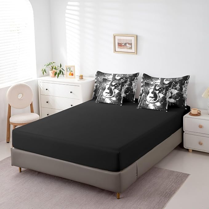 Feelyou Guitar Comforter Set with Sheets Twin Size Rock Music Bed in a Bag for Boys Girls Teens Black Gray 7 Pieces Bedding Set Soft Lightweight Microfiber