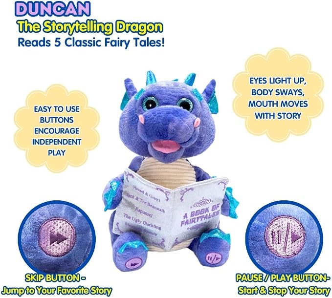 Cuddle Barn | Duncan The Storytelling Dragon with Light Up Eyes |Animated Stuffed Animal Plush Toy | Mouth Moves, Head Sways and Eyes Light Up | Recites 5 Fairy-Tales - 11"