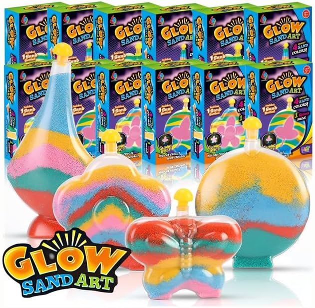 Create Your Own Magic Sand Art Glitter Activity | Glow in the Dark Colored Custom Sand Kits for Kids - Includes 12 Bottles, Funnels, Sticks, 60 Bags of Colorful Sand | DIY Arts and Crafts (24 Pack)