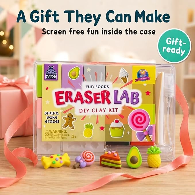 Eraser Lab DIY Clay Kit - Gift Food-Themed Fun Eraser for Kids Craft Set, 8 Clay Colors, Mold Tray & Shaping Tool, Presents for Kids, Creative Activity for Boys & Girls Aged 4+, Birthday Gifts