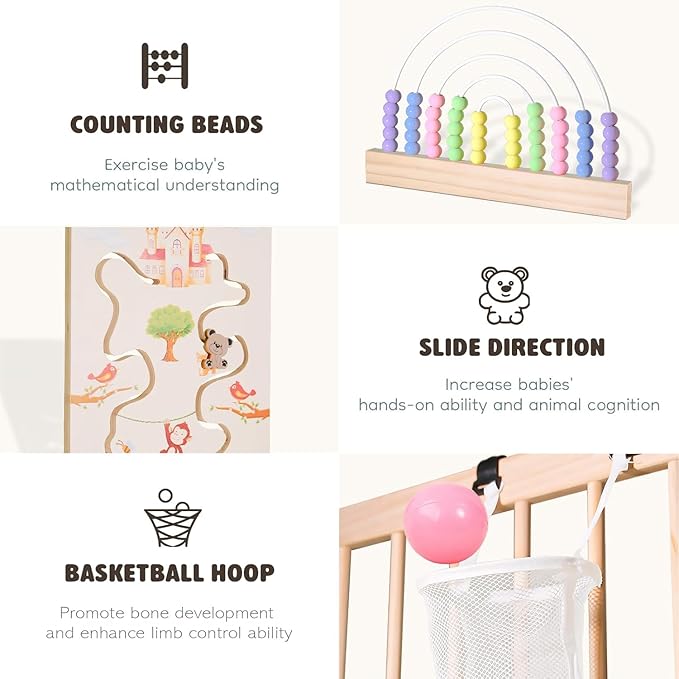 Ulnxiy Wooden Baby Playpen with Montessori Toys, 8-Panel Foldable Wood Play Yard for Toddlers, 56"x56" Large Baby Fence with Safety Lock, CPC Certified Natural Pine Wood Activity Center