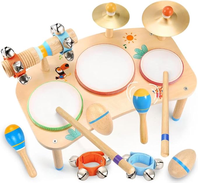 WINGYZ 11-in-1 Toddler Drum Set-Low Noise Wooden Baby Musical Instruments for Toddlers 1-3 & Montessori Musical Toys,Music Table with Bongo Drums, Cymbals, Maracas & Wrist Bells for Early Rhythm Play