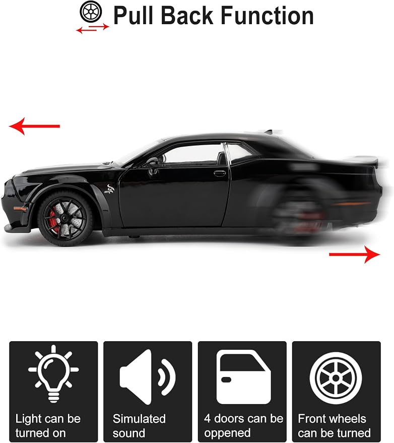 Compatible for 1/24 Dodge Challenger SRT Hellcat Car Model, Collectible Die-Cast Model Car with Lights and Sounds,Pull Back Car Toy for Adults Kids Birthday Gifts Decoration (Black)