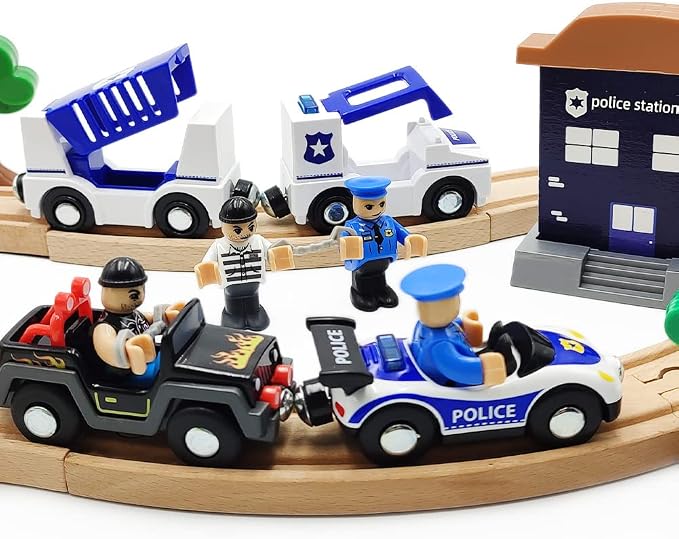 Wooden Train Cars Track Accessories Set Police Car with Light and Sound Small Vehicles Magnetic Train Cars Fit for Wooden Train Track Railway for Boys and Girls (Police Car(with Light and Sound))