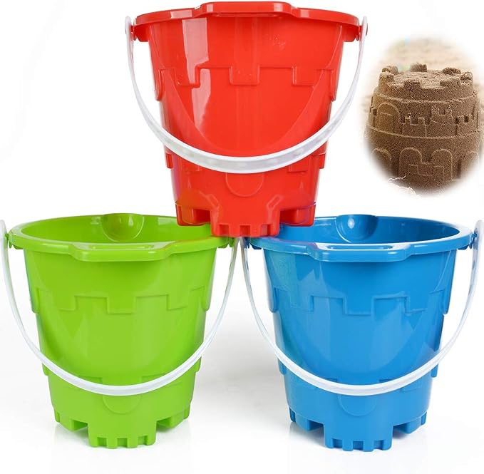 Jumbo Castle Model Beach Gear 7" Large Sand Buckets Pails Beach Water Pool Gardening Bath Toy Environmentally ABS Durable Thick Plastic Complete Gift Set Bundle For Kids Boys Girls- 3 Pack Green Blue