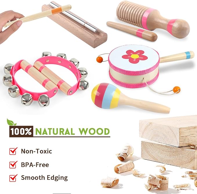 Toddlers Musical Instruments for 18 Month+ Girl,Baby Montessori Wooden Musical Toys for Toddlers,Kids Musical Toy for Preschool,Christmas Birthday Gift for Baby Girls Pink 8 in 1