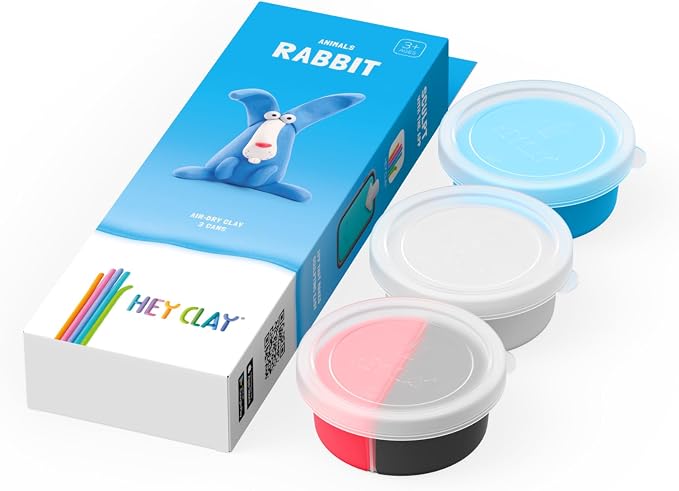 Hey Clay Animals - Claymate Rabbit - Colorful Modeling Air Dry Clay for Kids - Air Dry Clay Kit 3 Cans with Fun Interactive App