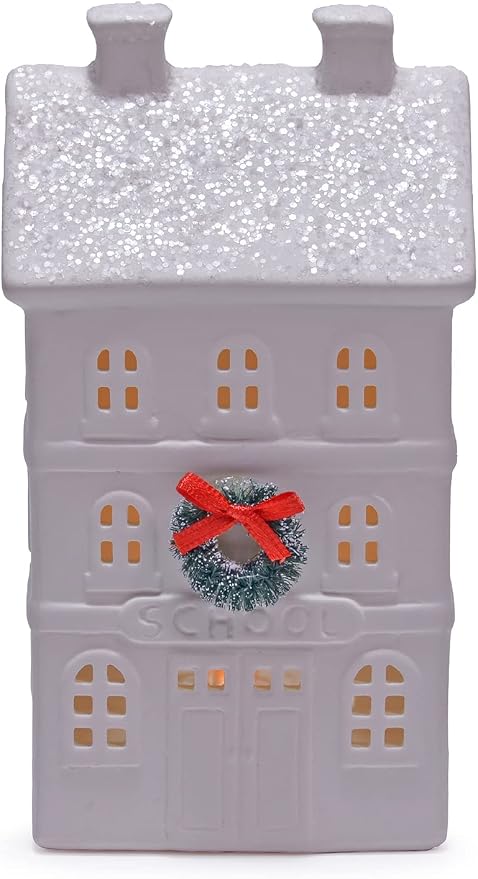 Mark Feldstein & Associates Holiday Wreath Village with Trees, White Unglazed Porcelain LED Christmas Figurines, 18 Piece Set