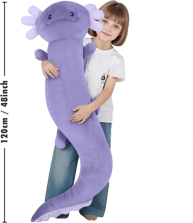 Tianmihou 48 Inch Giant Axolotl Stuffed Animal, Cute Plush Toy Purple Axolotl Body Pillow for Kids, Soft Salamander Glow in The Dark Plushie Gifts for Girls, Boys, Birthday