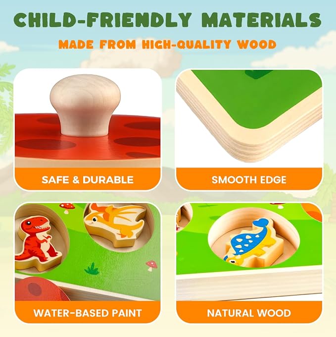 3 otters Dinosaur Peg Puzzles, Wooden Learning Toys Shape Sorter Color Match Games, Educational Memory Activities for Toddler Montessori Development Entertainment Prek Kindergarten Boys Girls Gifts
