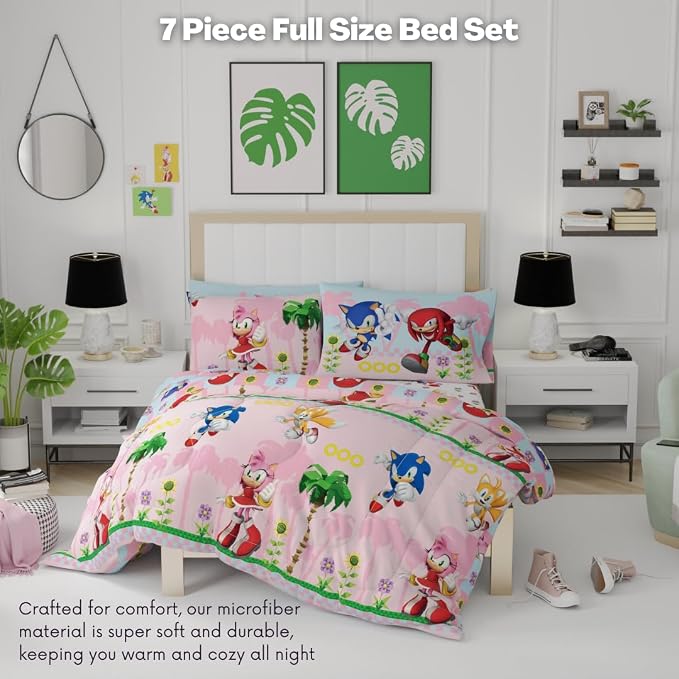 Sonic The Hedgehog Amy Rose Girls Bedding Super Soft Reversible Microfiber Comforter and Sheet Set with Sham, 7 Piece Full Size, (Official Licensed Product) By Franco Kids