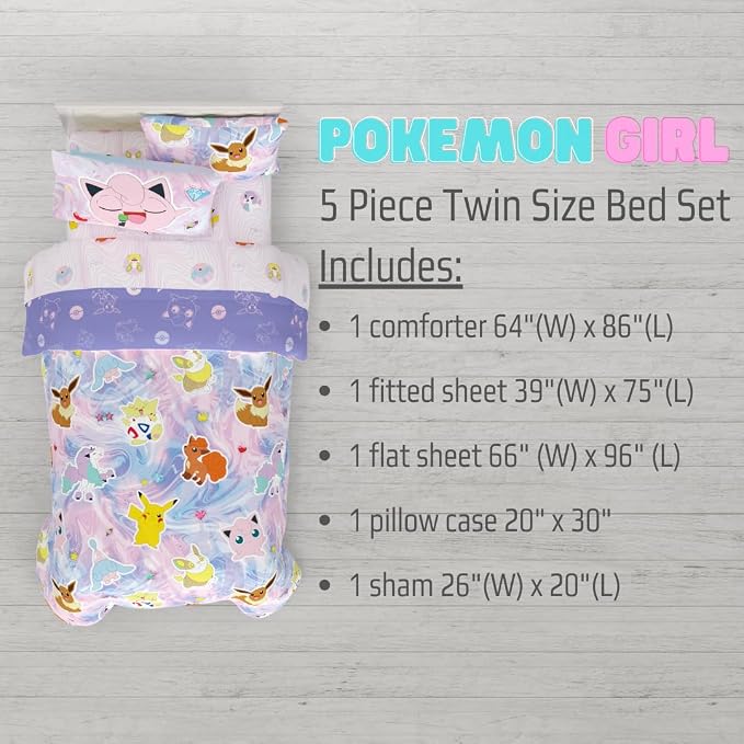 Pokémon Girl Kids Bedding Twin Size – 5 Piece Comforter & Sheet Set with Sham – Super Soft – Eevee, Pikachu & Jigglypuff – (Officially Licensed Product) By Franco