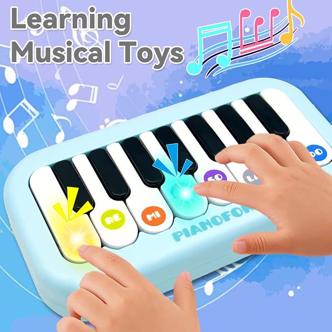 Toddlers Piano Toy with Rainbow Lights, Portable Travel Piano Keyboard Musical Instrument Learning Toys, Music Interactive Birthday Gift for 3 4 5 Year Old (Blue)