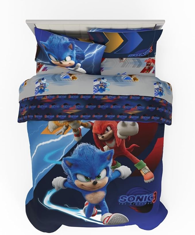 Franco Sonic The Hedgehog 3 Movie Kids Bedding Super Soft Comforter and Sheet Set, 5 Piece Full Size, (Officially Licensed Product)