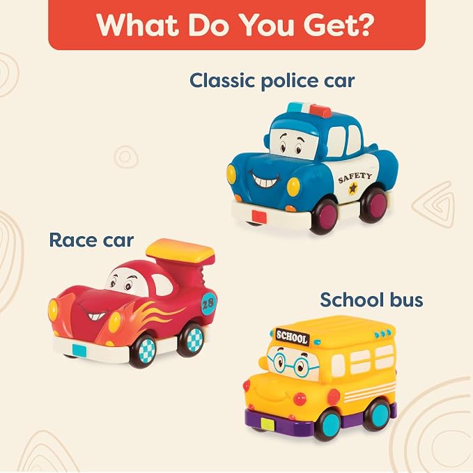 B. toys – Mini Wheeee – ls! – 3 Pieces Mini Pull – Back Vehicles Set, Bus & Cars, Multi, Hot Rod, School Bus, Police Car – 1 Year +