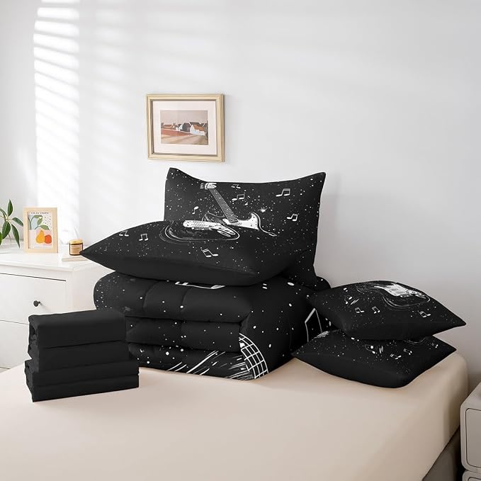 Feelyou Music 7 Pieces Bedding Set Twin Size Guitar Comforter Set with Sheets for Kids Boys Girls Guitar Instruments Bed in a Bag Rock Music Bed Set