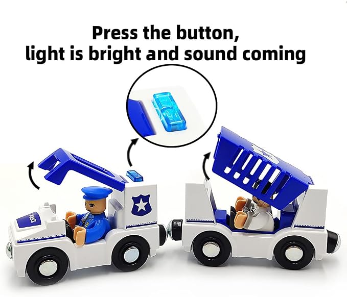 Wooden Train Cars Track Accessories Set Police Car with Light and Sound Small Vehicles Magnetic Train Cars Fit for Wooden Train Track Railway for Boys and Girls (Police Car(with Light and Sound))