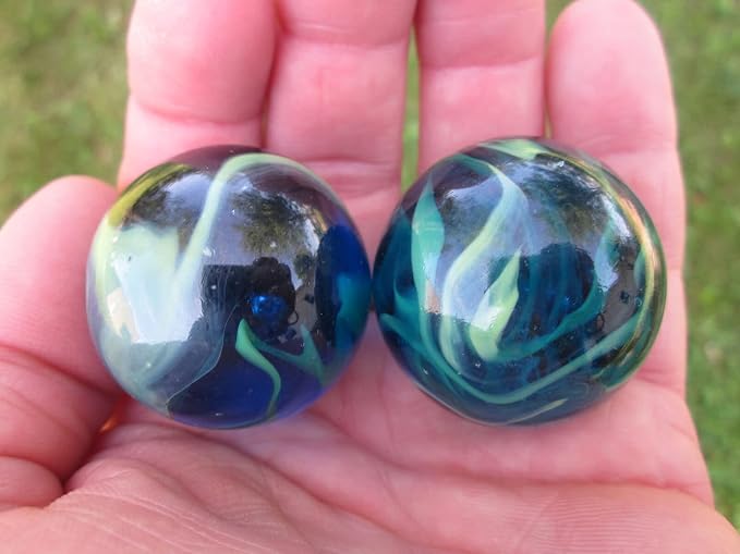 Set of 2 SEA Turtle 35mm Boulder Translucent Blue/Green Swirl Large Shooter Solid Glass Marbles Aquarium Decor Glass Filler