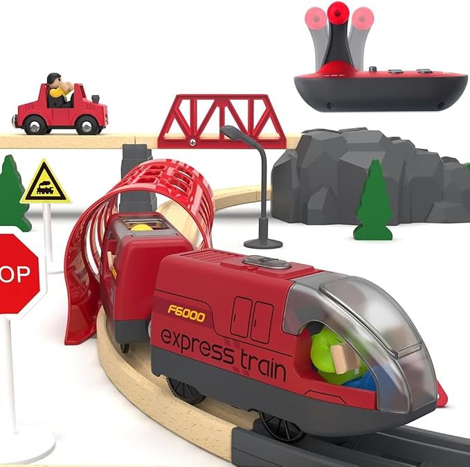 TOPLIVING Motorised Wooden Rail Train, Remote Control Train with Magnetic Connection, Battery Operated Locomotive Trains for Toddlers, Compatible with Thomas, Brio, Chuggington (Red)
