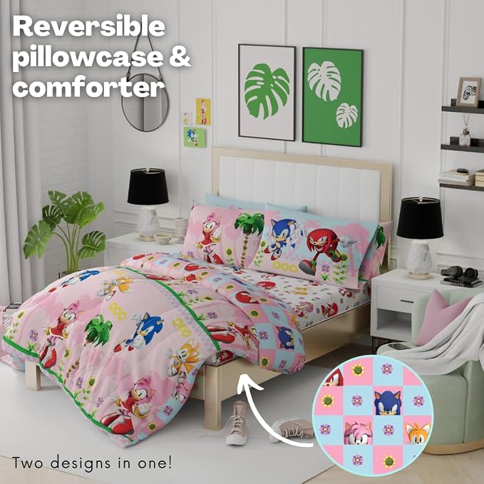 Sonic The Hedgehog Amy Rose Girls Bedding Super Soft Reversible Microfiber Comforter and Sheet Set with Sham, 7 Piece Full Size, (Official Licensed Product) By Franco Kids