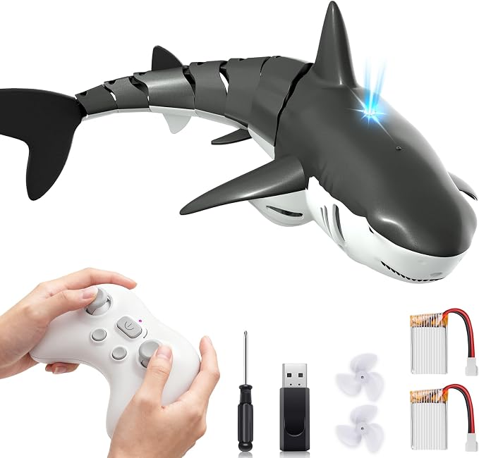 2.4Ghz RC Pool Toys Remote Control Shark for Boys Kids, Highly Realistic Shark Pool Toys for Kids, RC Boat Outdoor Water Toy with Light and Spray Water for Boys Girls Ages 6+ (with 2 Batteries)