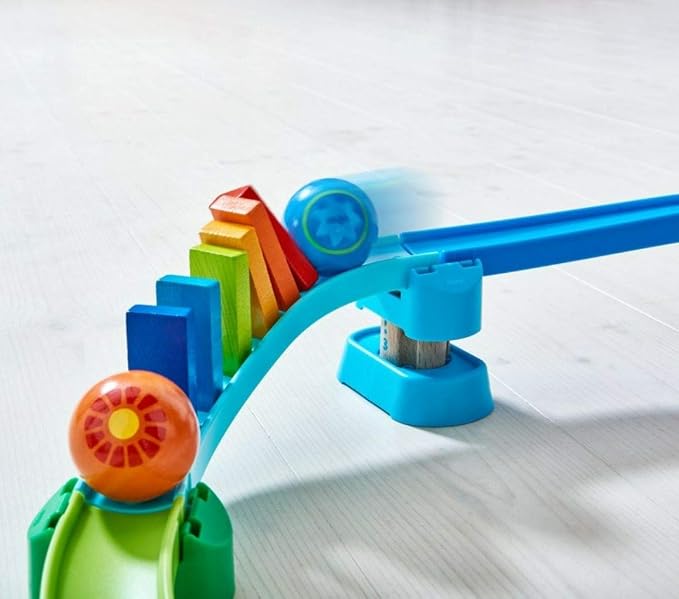 HABA Kullerbu Kringel Domino Playset - 33 Piece Ball Track Starter Set with Two Sets of Falling Dominoes - Ages 2+